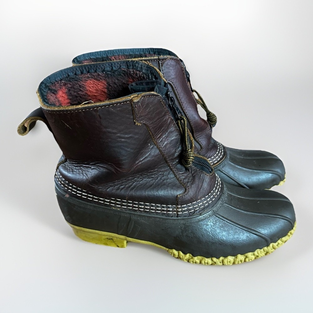 LL Bean Duck Boot Mens Size 10 Brown Leather Flannel Lined Zip Up Made USA Maine